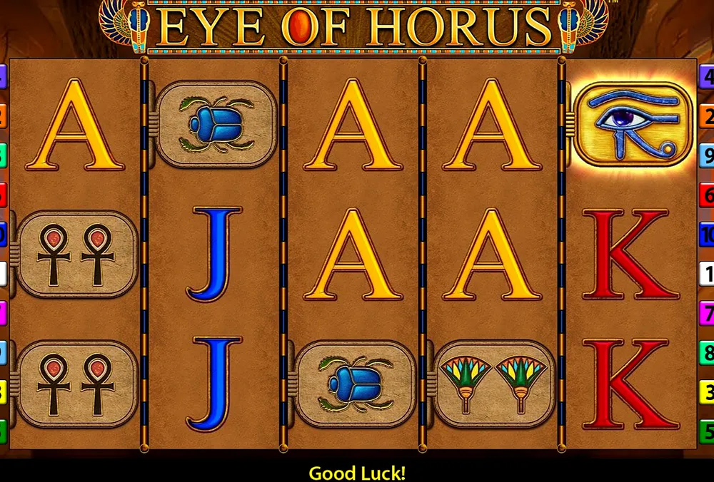 Eye of Horus demo reels with aces, scarab tablets and the Eye symbol