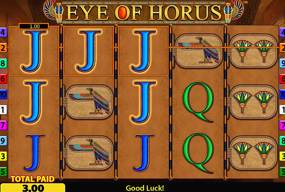 Three blue jacks paying 3.00 on a line in the Eye of Horus demo